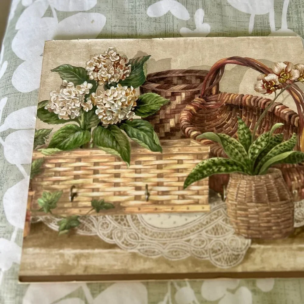 VTG Cottagecore Wicker Basket Cactus Floral Wall Hook Sign